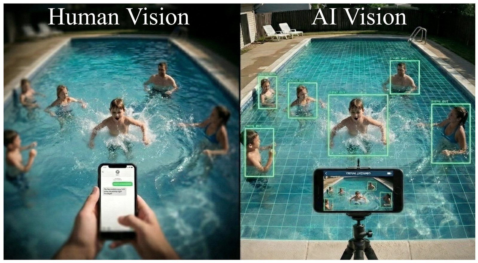 A side-by-side illustration. On the left, labelled Human Vision, an adult looks down at their phone while children play in the pool. On the right, labelled AI Vision, a phone on a tripod watches the same pool with every swimmer outlined.