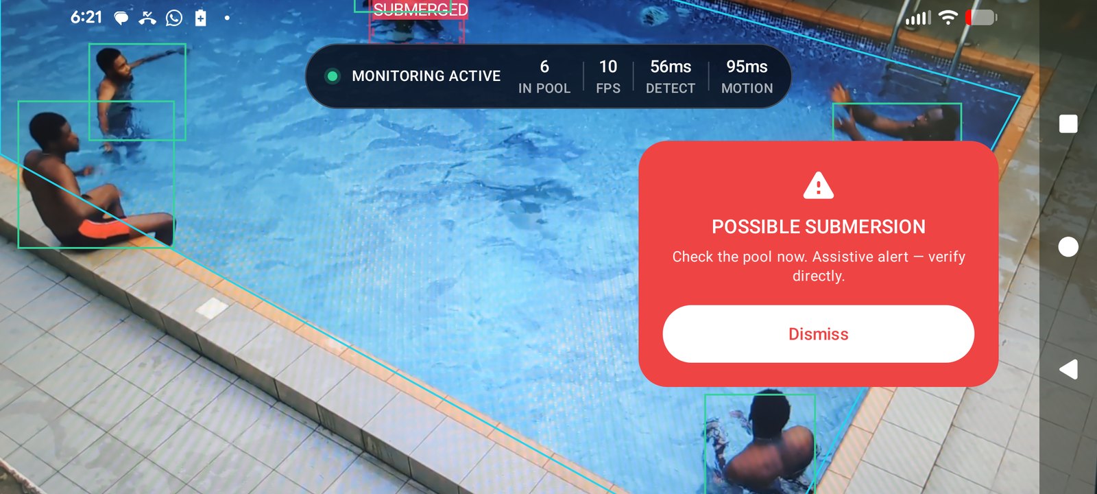The app raising an alert: a large red panel reads Possible Submersion, Check the pool now, with a Dismiss button.