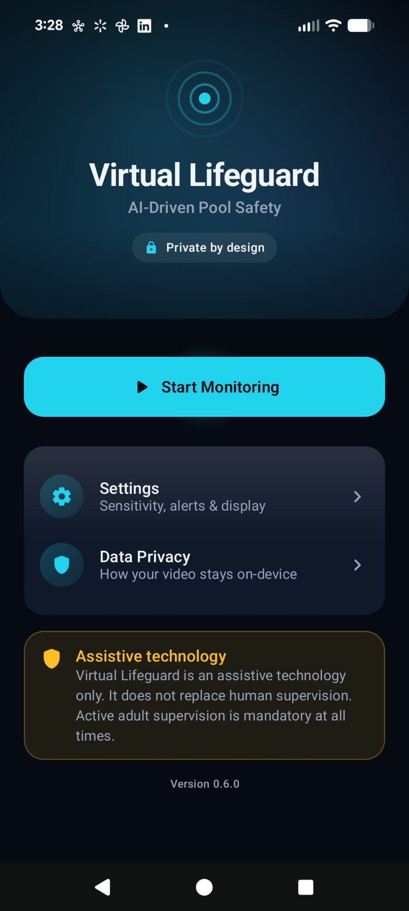 The app's home screen, with a large Start Monitoring button, links to Settings and Data Privacy, and a notice headed Assistive technology.