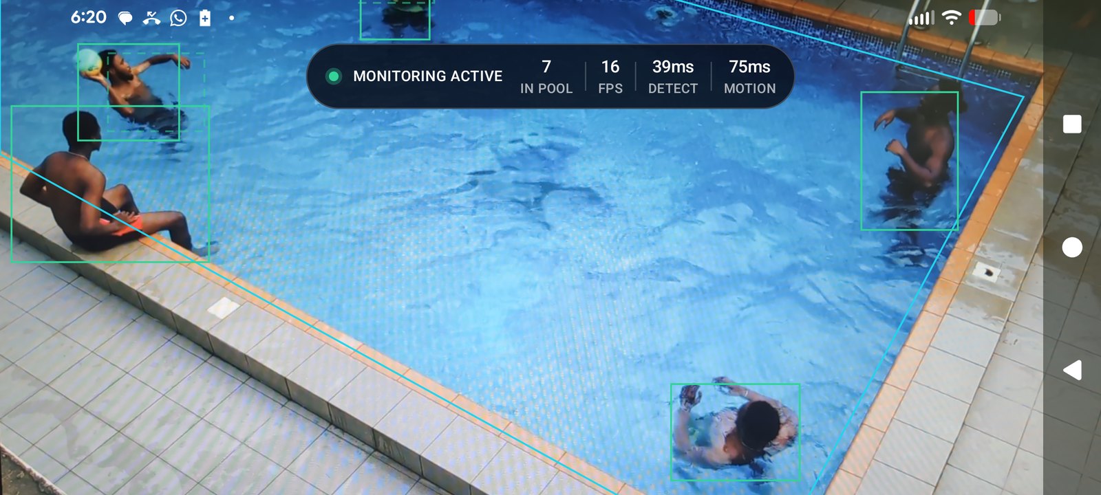 The Virtual Lifeguard app watching a pool. Each swimmer is outlined by a green box, and the edge of the water is traced in cyan.