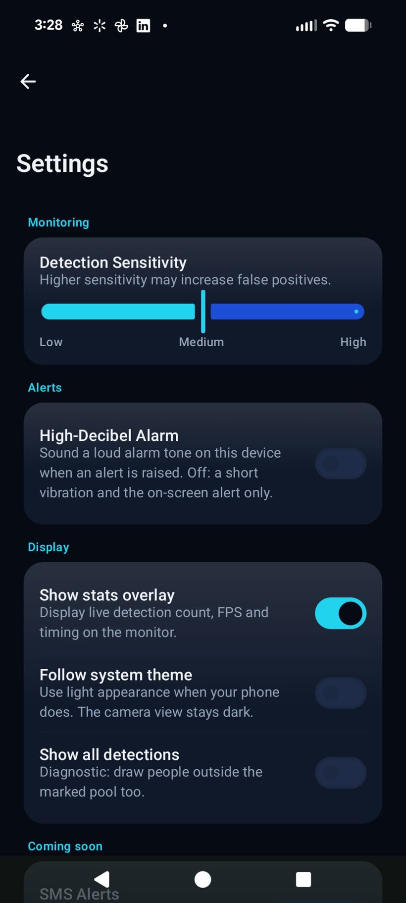 The Settings screen, with a detection sensitivity slider, a high-decibel alarm switch, and display options.